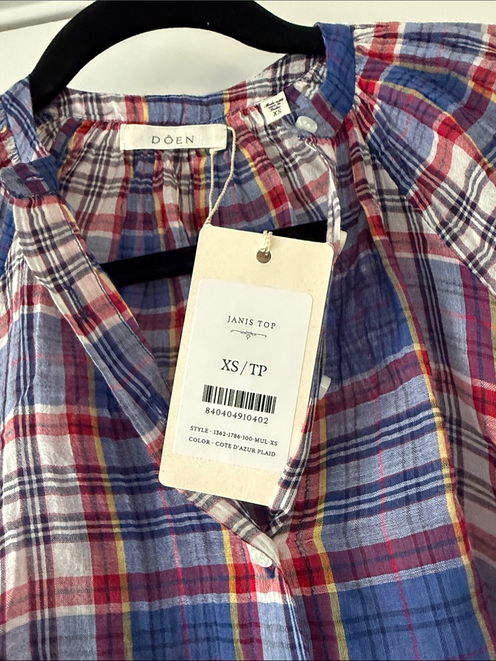 NWT Doen Janis Top size XS Core d’Azur Plaid Button Down - Picture 4 of 8
